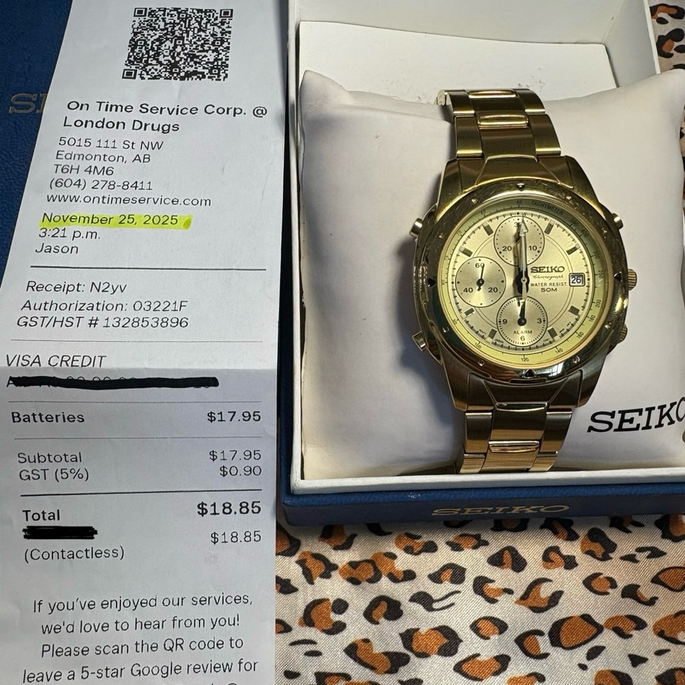 Seiko Gold-Tone Chronograph Watch–Model 7T32-6M59 (Vintage, 1990s) + Box